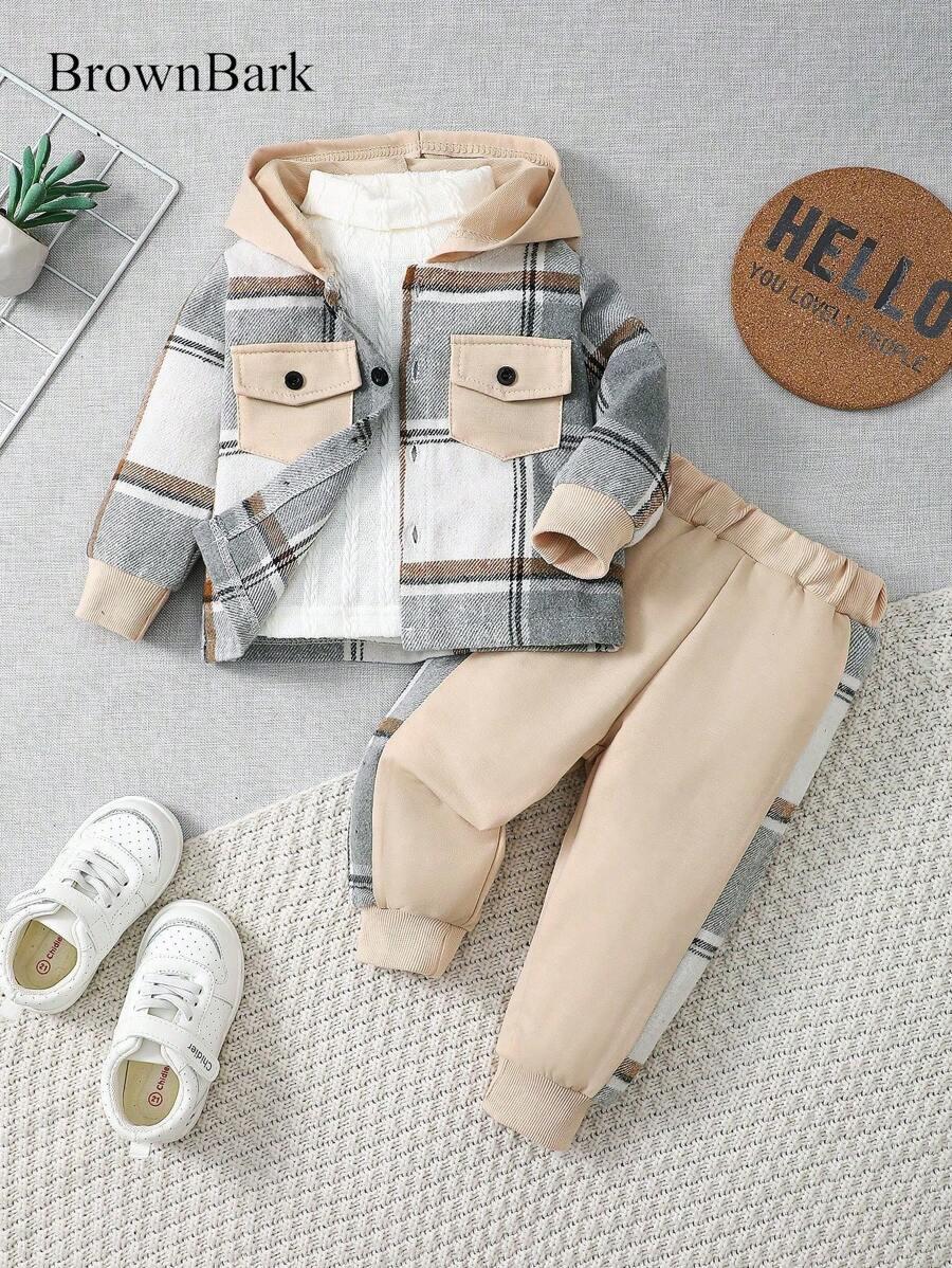 2PCS Boys Casual Outdoor Outfit Plaid Hooded Long Sleeve Shirt with Pocket Long Pants