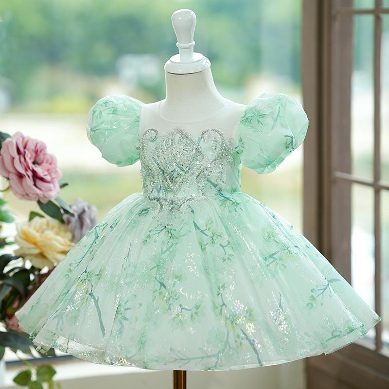 Baby Girl Mint Green Puff Sleeve Princess Dress – Fluffy Gauze Dress