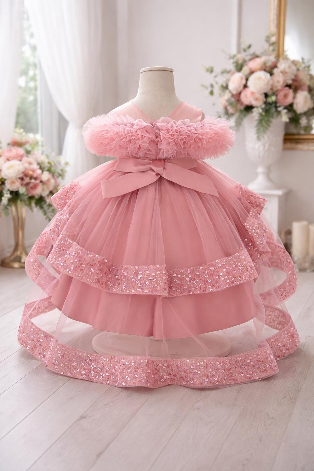 Girls Sequin Princess Dress with Tulle Skirt, High Low Hemline, Baby Party Wedding Dress