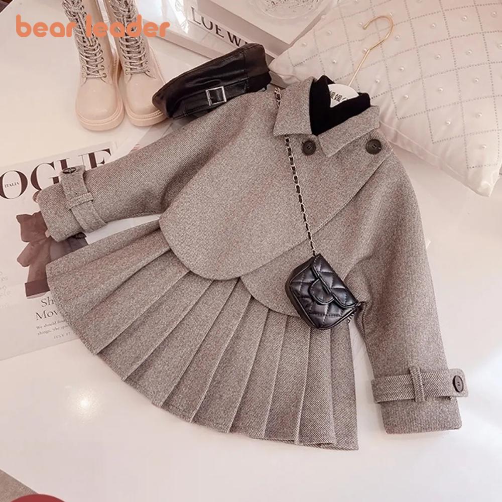 Girls 2PCS Princess Coat & Skirt Set – Patchwork Turn-Down Collar Winter Outfit