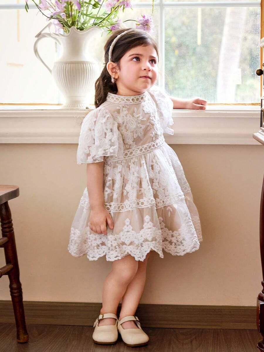 Baby Girl Elegant Lace Ruffled Collar Puff Sleeve Dress A Line High Waist Long Dress