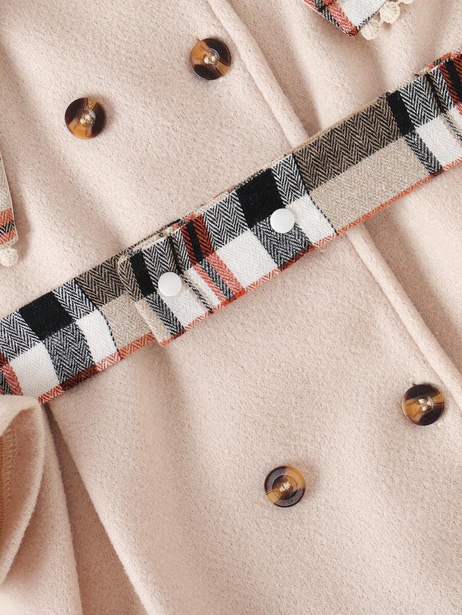 Girls Double-Breasted Plaid Ruffle Fuzzy Collar Dress with Belt - Autumn Winter Outerwear