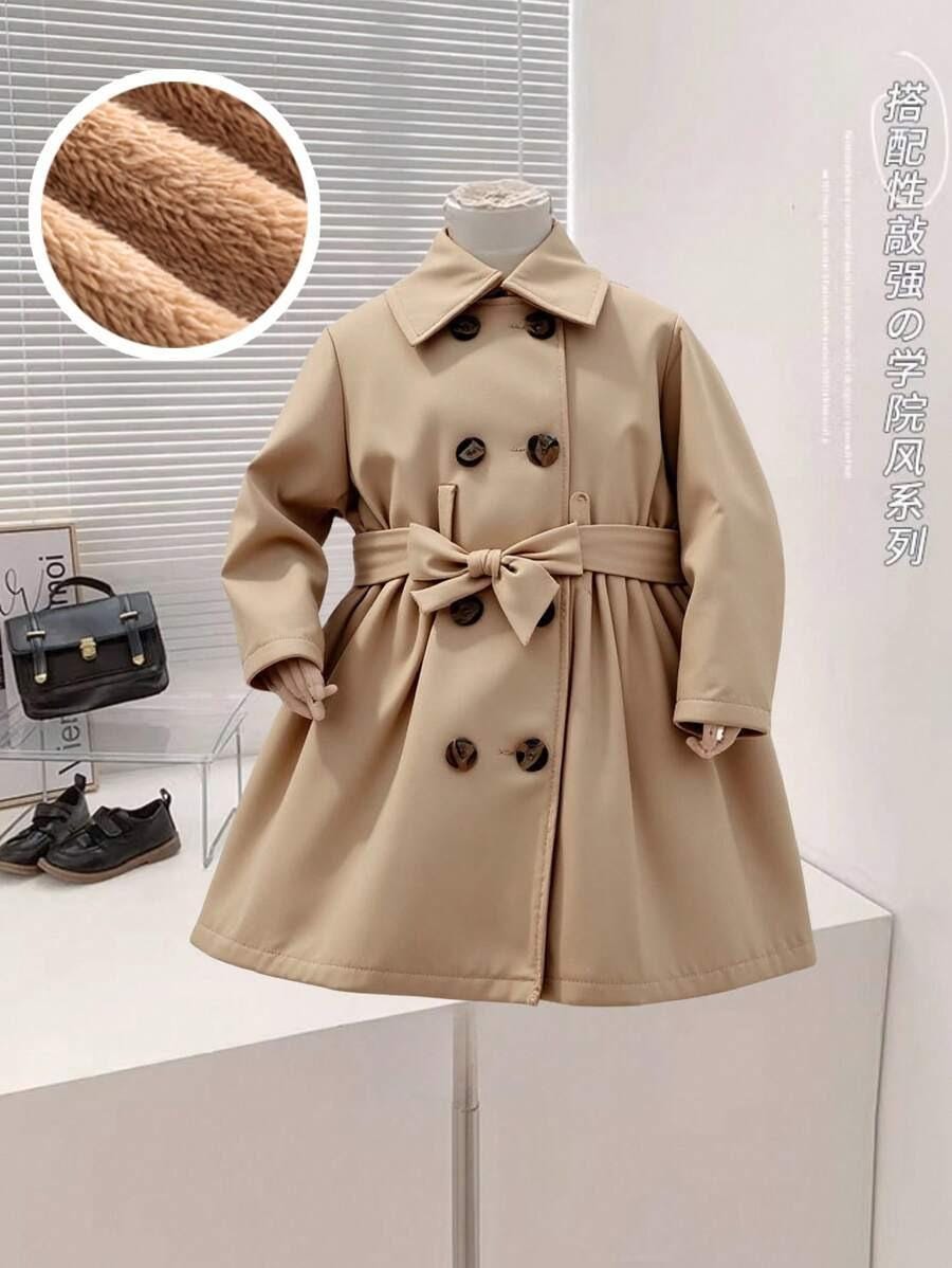 Baby Girl Long Coat | Thermal Lined Double-Breasted Lapel Coat