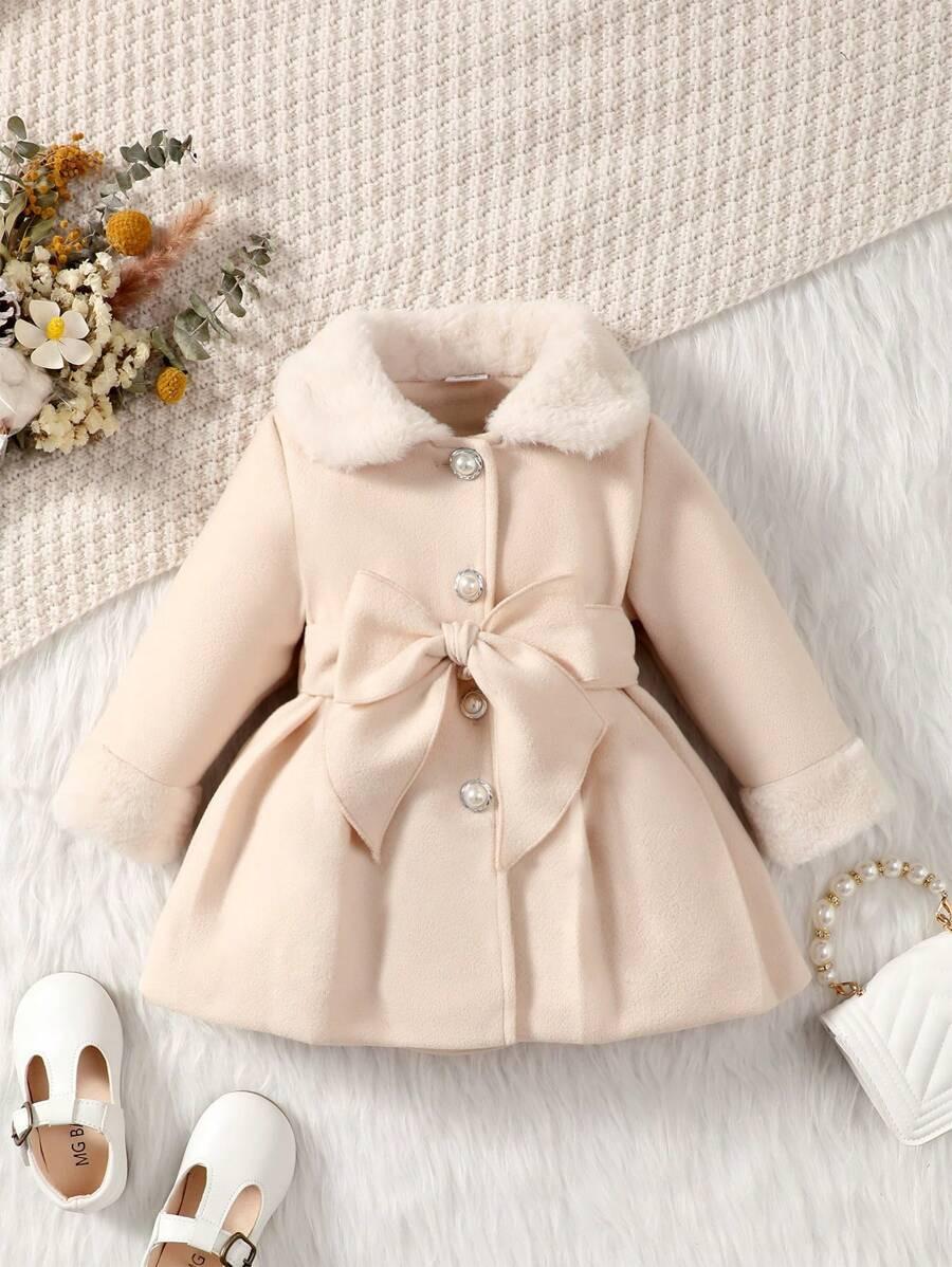 Baby Girl Plush Belted Coat | Patchwork Winter Jacket