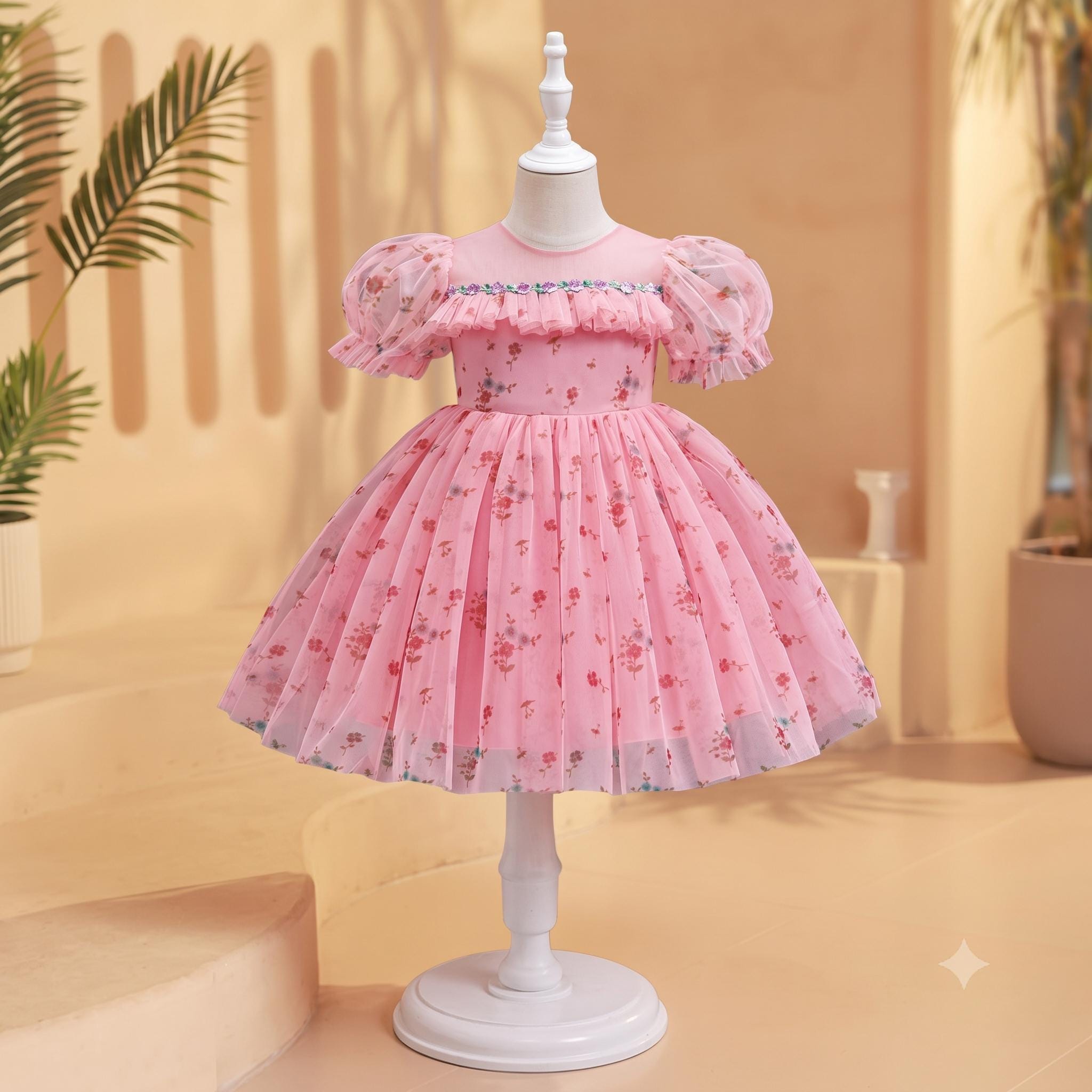 Girls Pink Floral Tulle Flower Girl Dress - Birthday Party Wedding Holiday