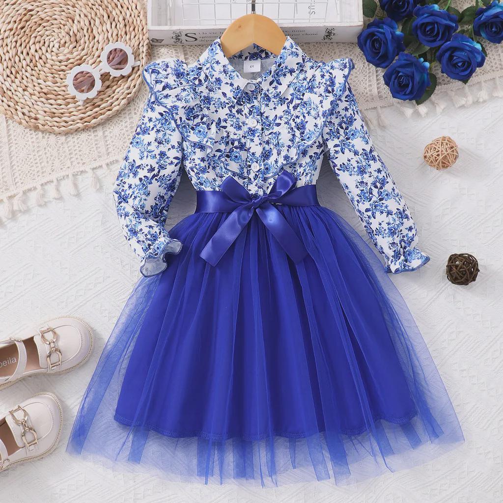 Girls Floral Mesh Ruffle Belted Dress – Long Sleeve Button Up Fall Winter Dress