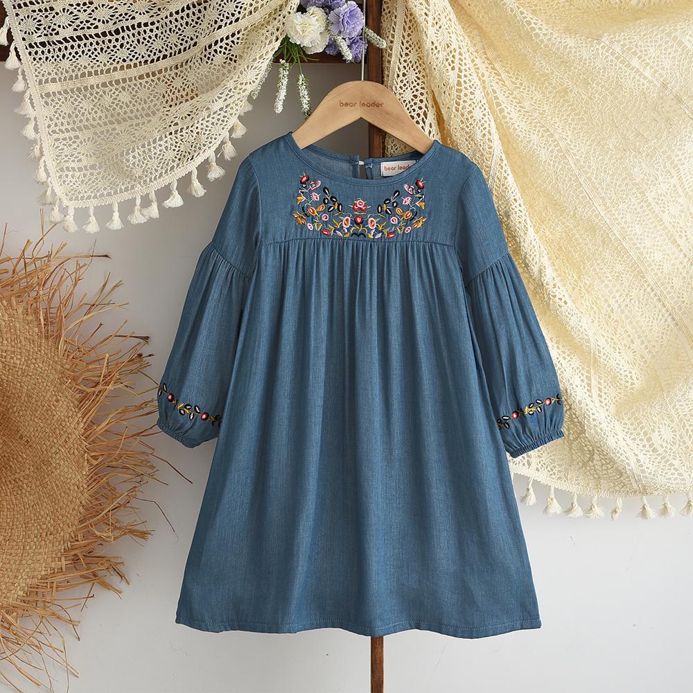 Girls Blue Floral Embroidery Dress – Long Sleeve Korean Style Knee Length Dress
