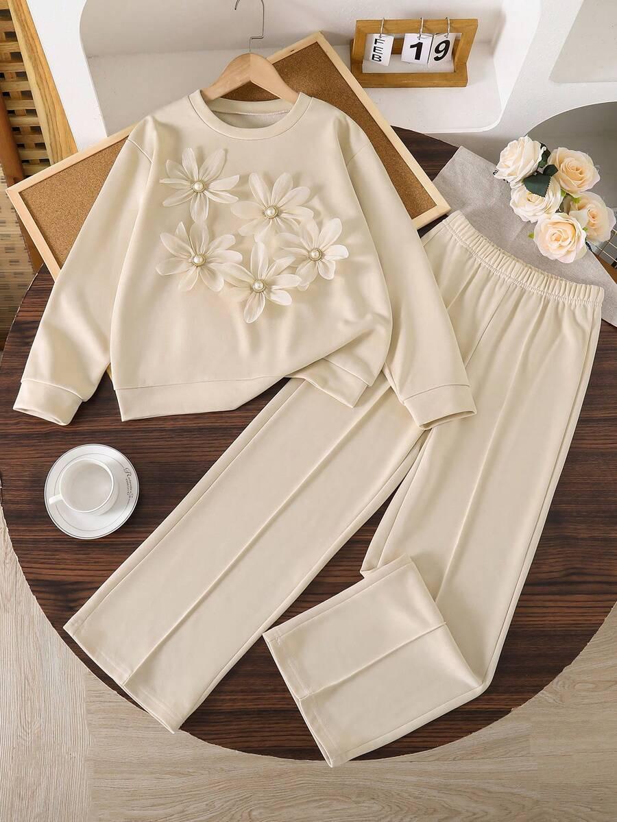 Girls Apricot Floral Long Sleeve Sweatshirt and Loose Pants Set with Pearl Rose Details