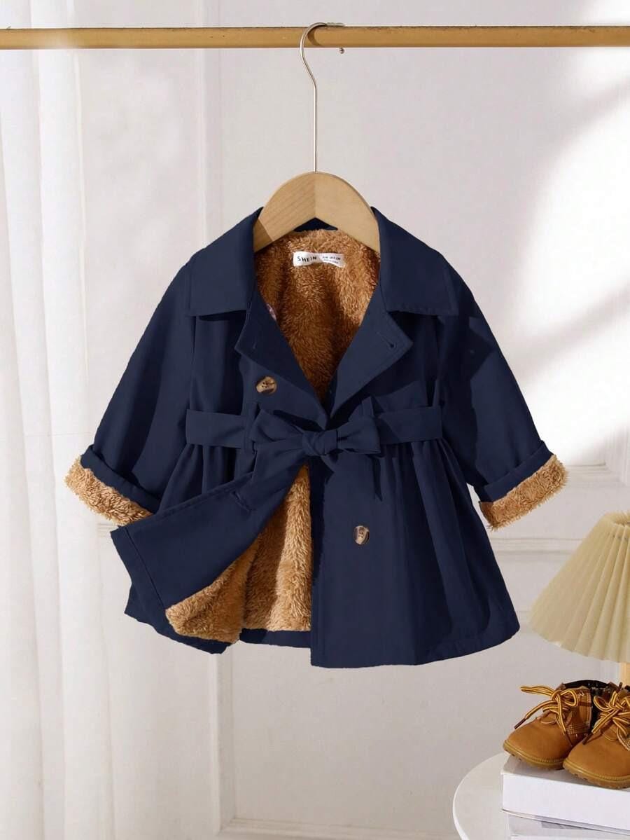 Baby Girl Long Coat | Thermal Lined Double-Breasted Lapel Coat
