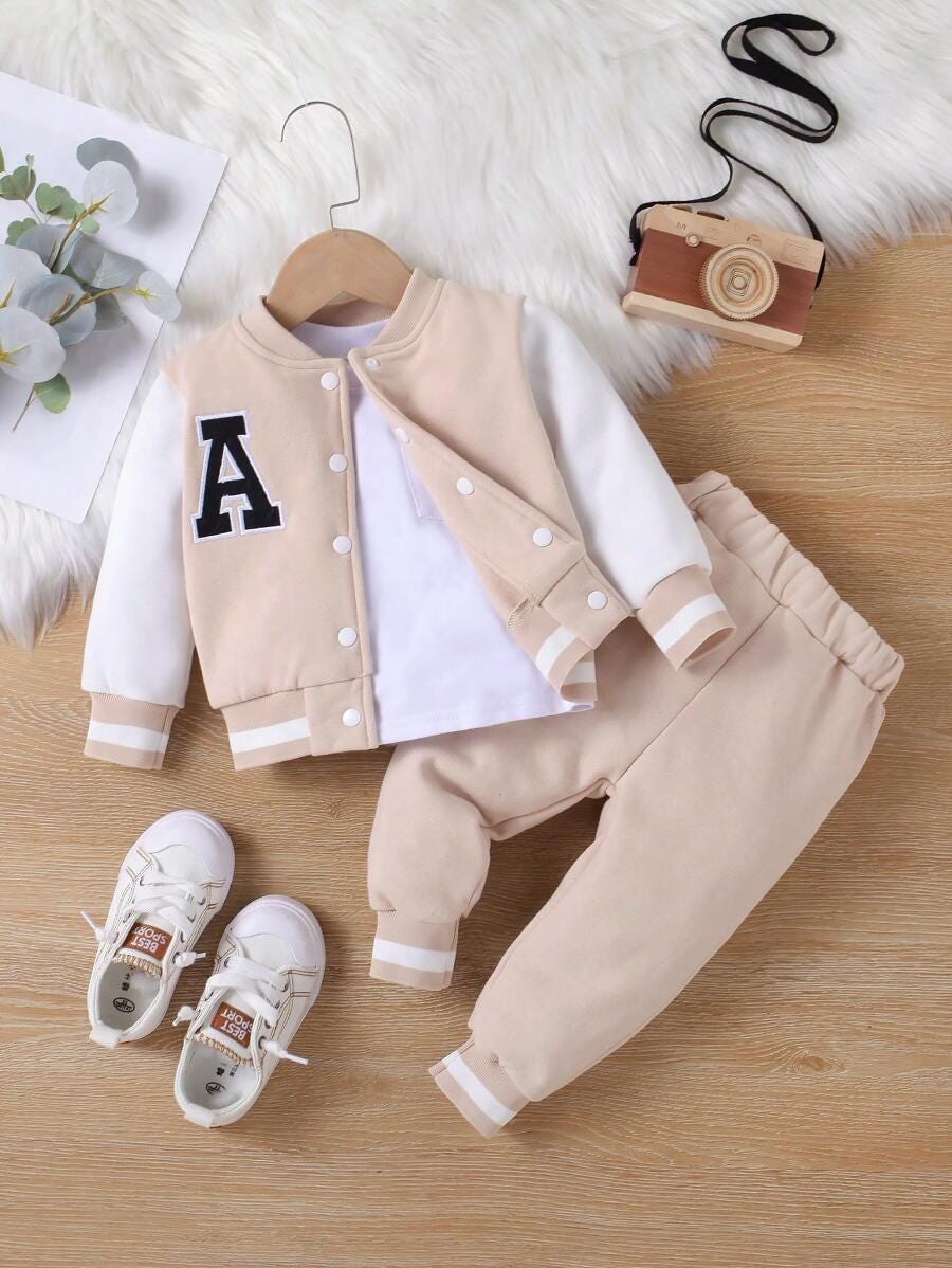 Baby Boy Letter Patch Thermal Bomber Jacket & Sweatpants Set, Casual Spring Fall Boys Tracksuit