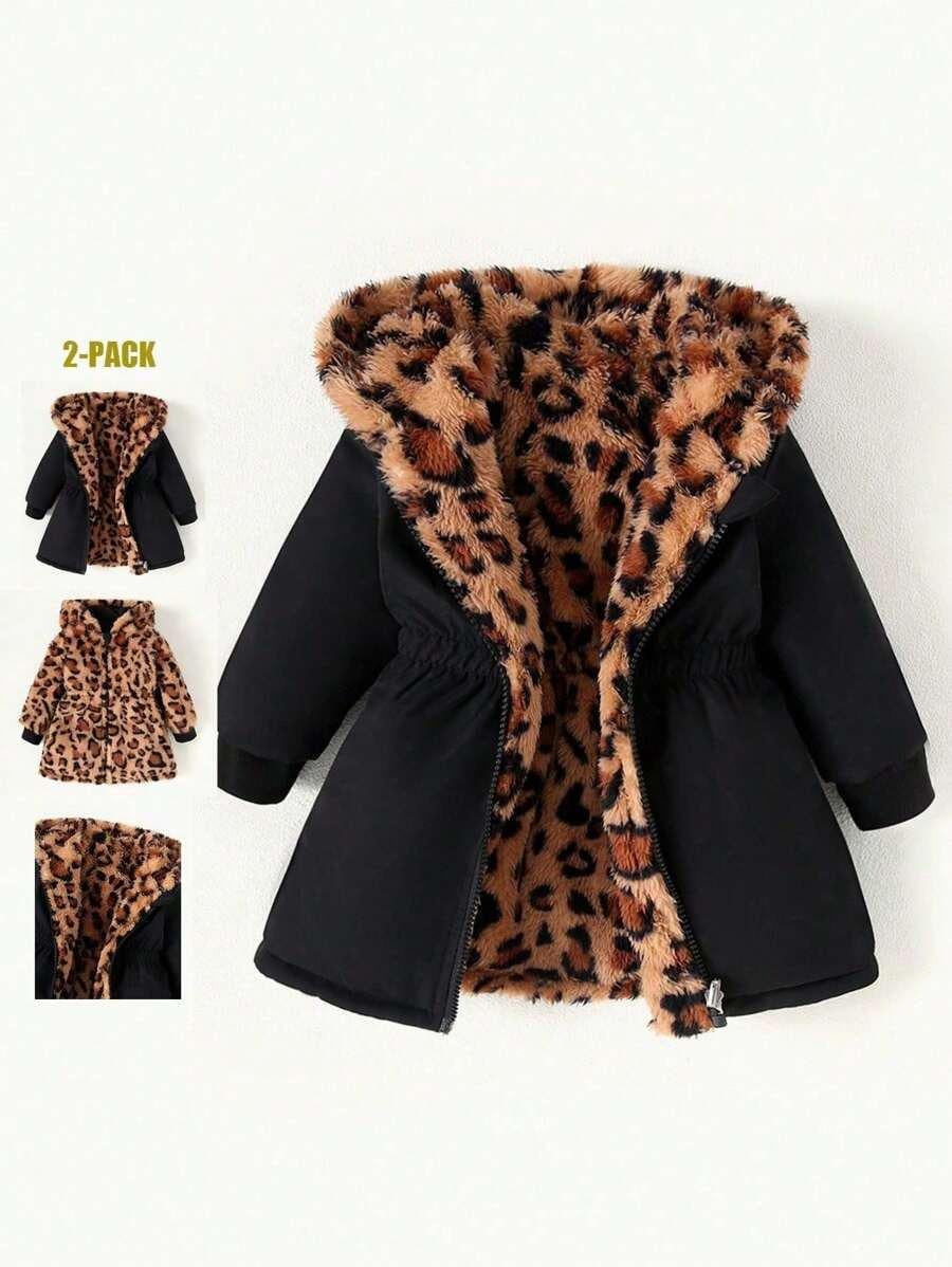Baby Girls Reversible Faux Fur Jacket, Double-Sided Hooded Leopard & Solid Black Coat