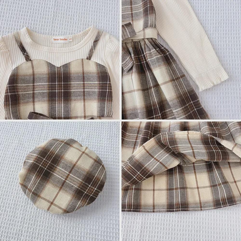 Girls Plaid A-Line Dress with Belt & Hat – Korean Style Autumn Dress