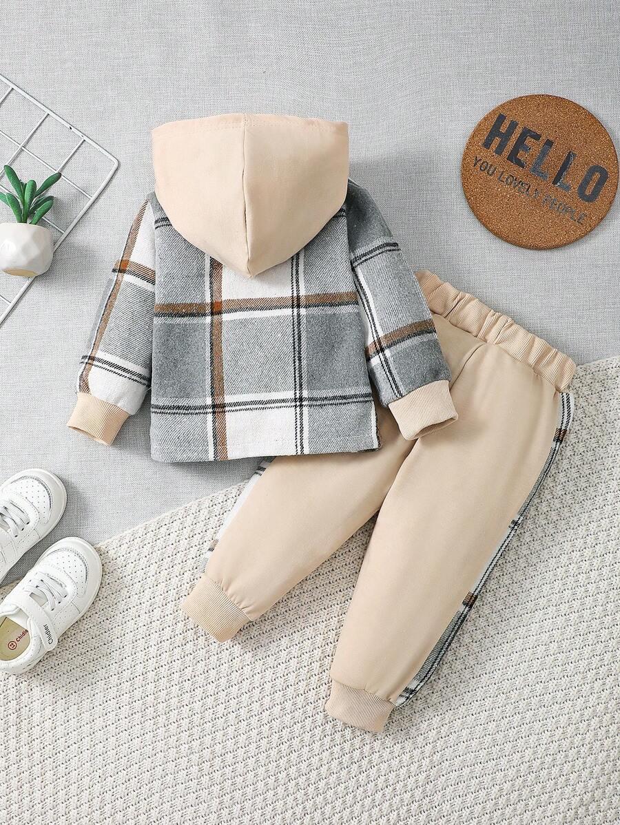 2PCS Boys Casual Outdoor Outfit Plaid Hooded Long Sleeve Shirt with Pocket Long Pants