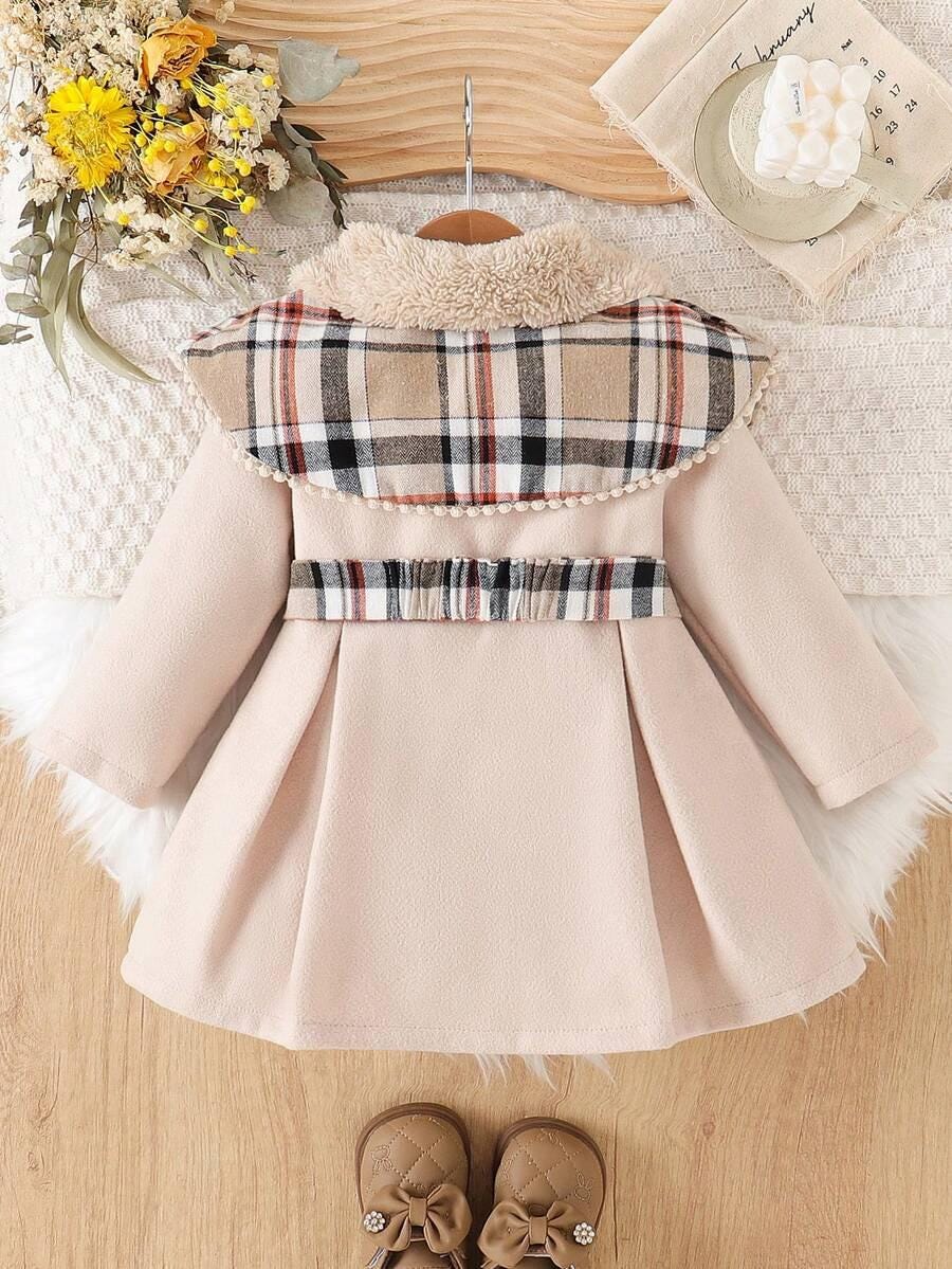 Girls Double-Breasted Plaid Ruffle Fuzzy Collar Dress with Belt - Autumn Winter Outerwear