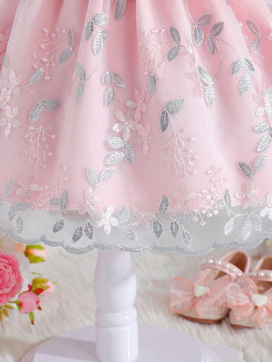 Baby Girl Ruffle Mesh Dress | Toddler Floral Embroidered A-Line Dress
