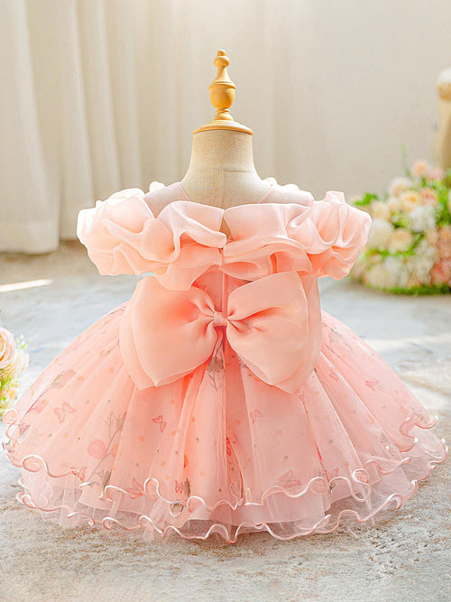 Baby Girl Christening Gown: Floral Lace Tulle Ruffled Dress with Bow Detail