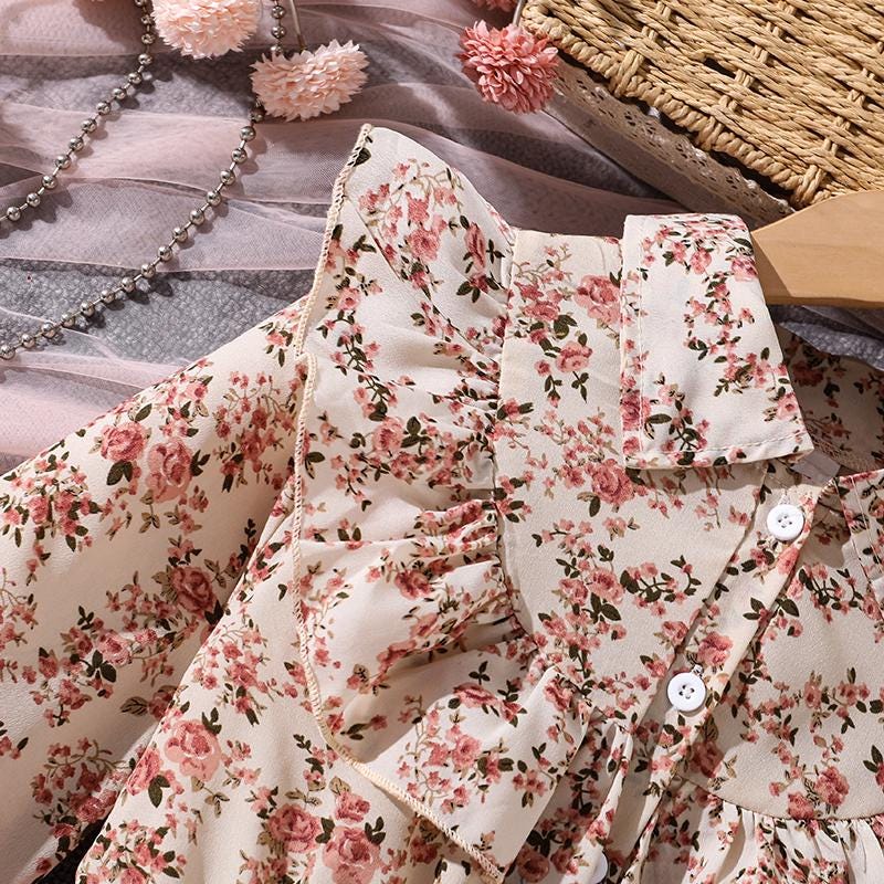 Girls Floral Print Peasant Dress – Pink Mesh Hem Long Sleeve Spring Dress