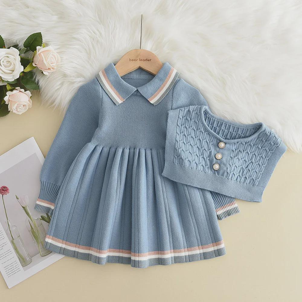 Girls Knitted Sweater Dress – Long Sleeve A-Line Mini Dress with Turn-Down Collar