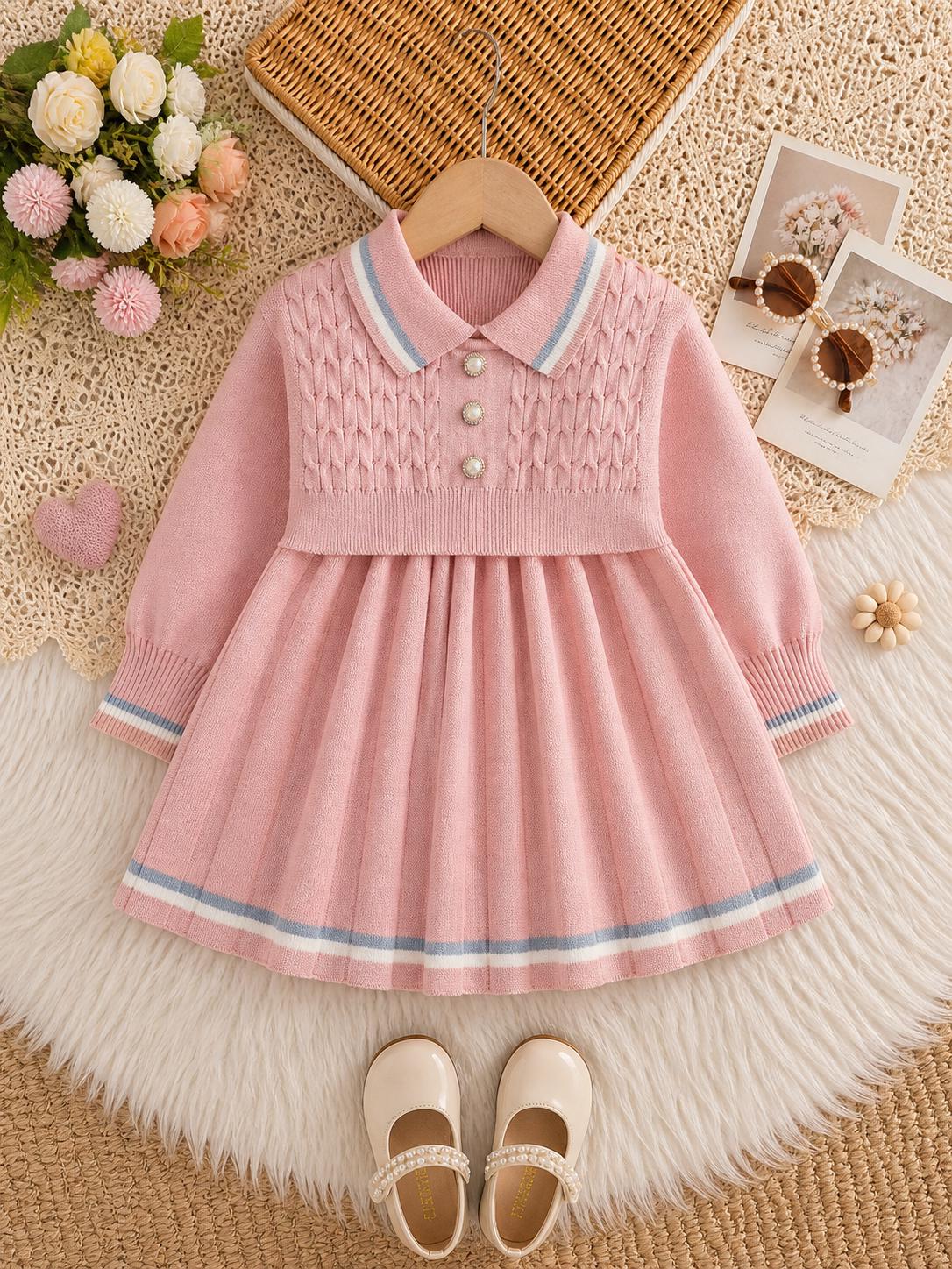 Girls Knitted Sweater Dress – Long Sleeve A-Line Mini Dress with Turn-Down Collar