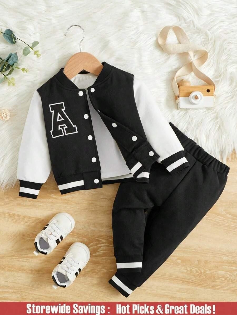 Baby Boy Letter Patch Thermal Bomber Jacket & Sweatpants Set, Casual Spring Fall Boys Tracksuit