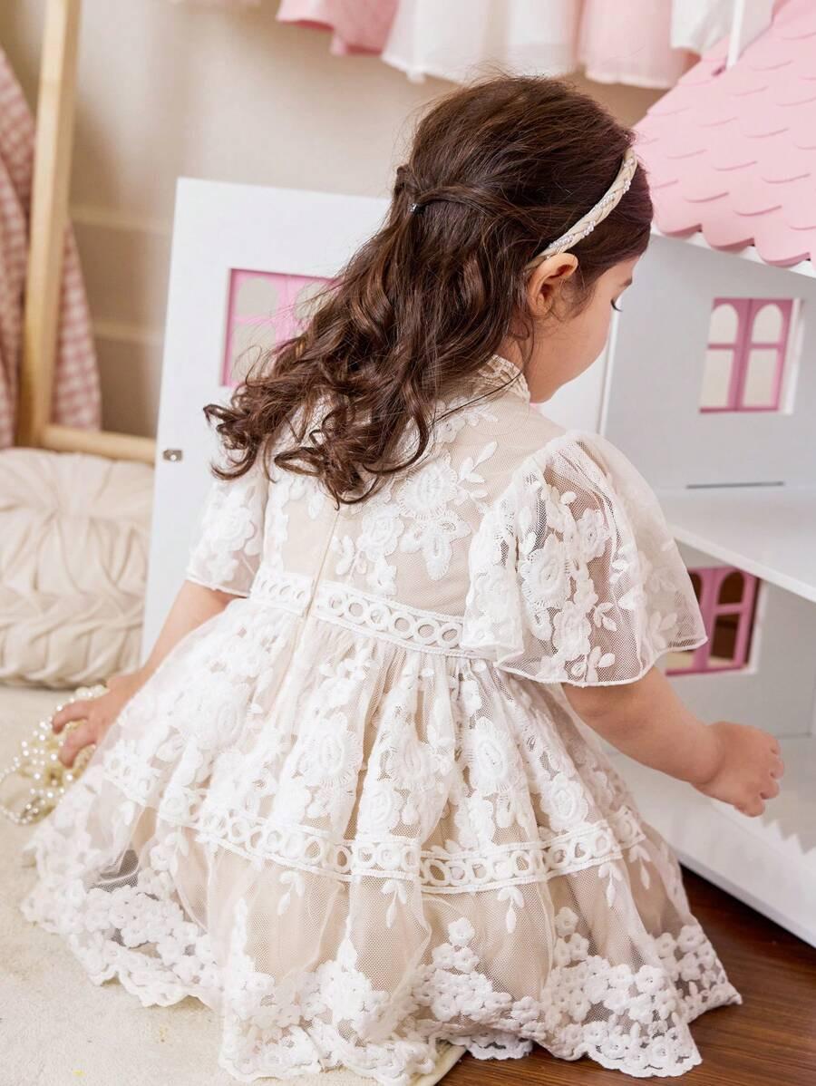 Baby Girl Elegant Lace Ruffled Collar Puff Sleeve Dress A Line High Waist Long Dress