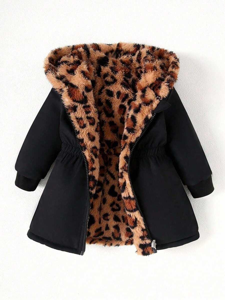 Baby Girls Reversible Faux Fur Jacket, Double-Sided Hooded Leopard & Solid Black Coat
