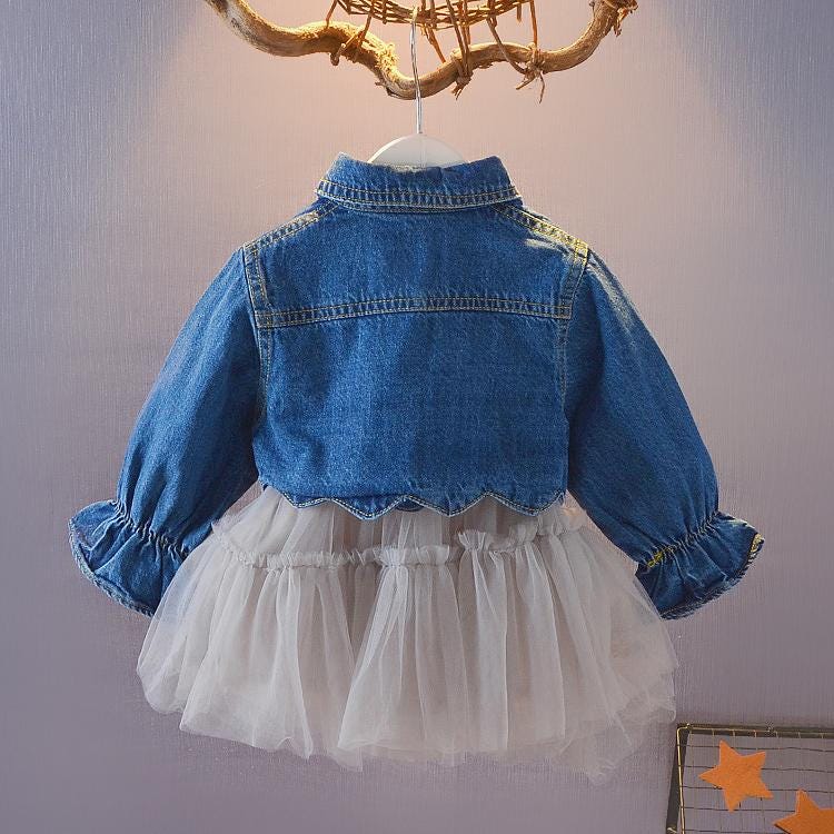 Girls Autumn Denim Jacket & Princess Skirt Set, Korean Style 2-Piece Outfit
