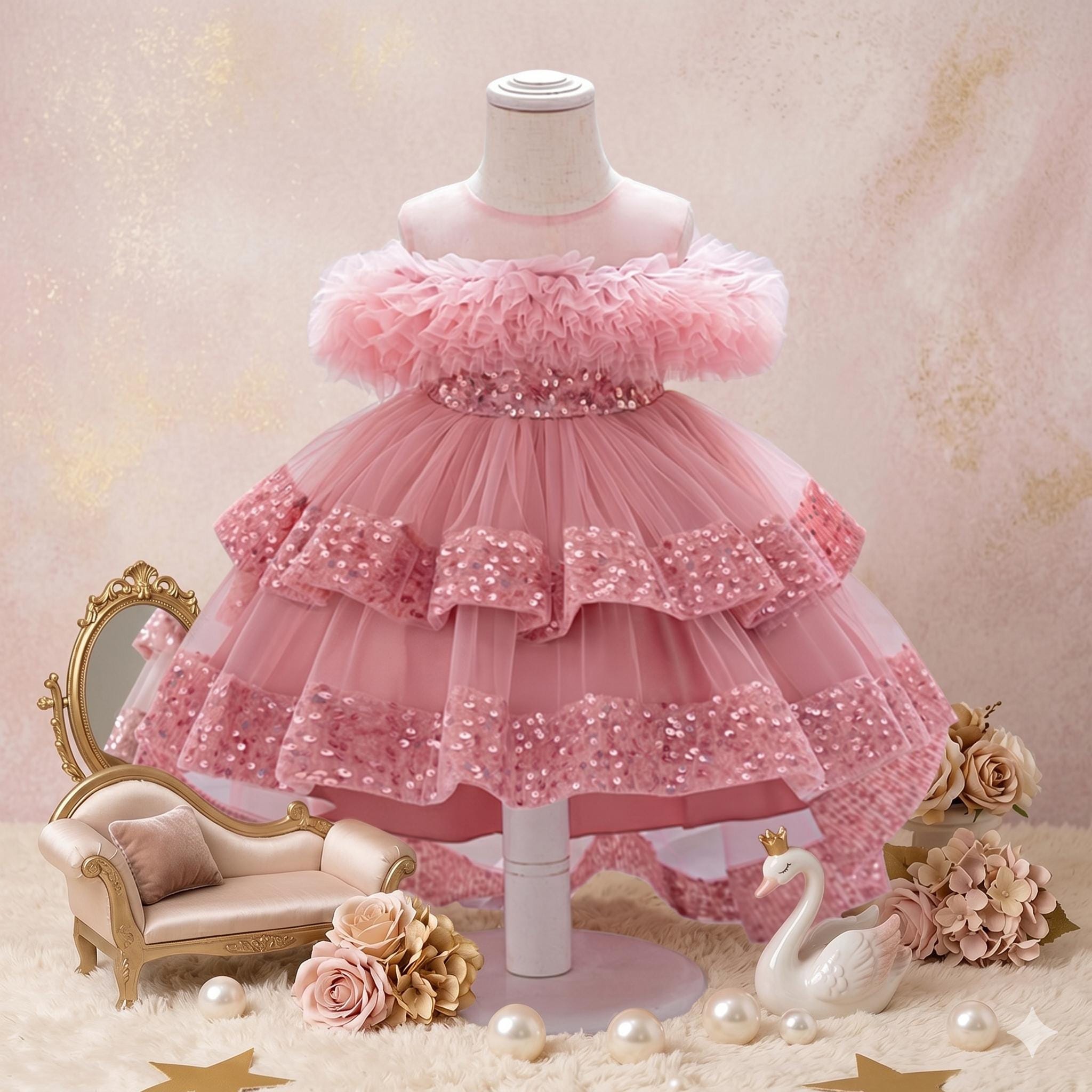 Girls Sequin Princess Dress with Tulle Skirt, High Low Hemline, Baby Party Wedding Dress