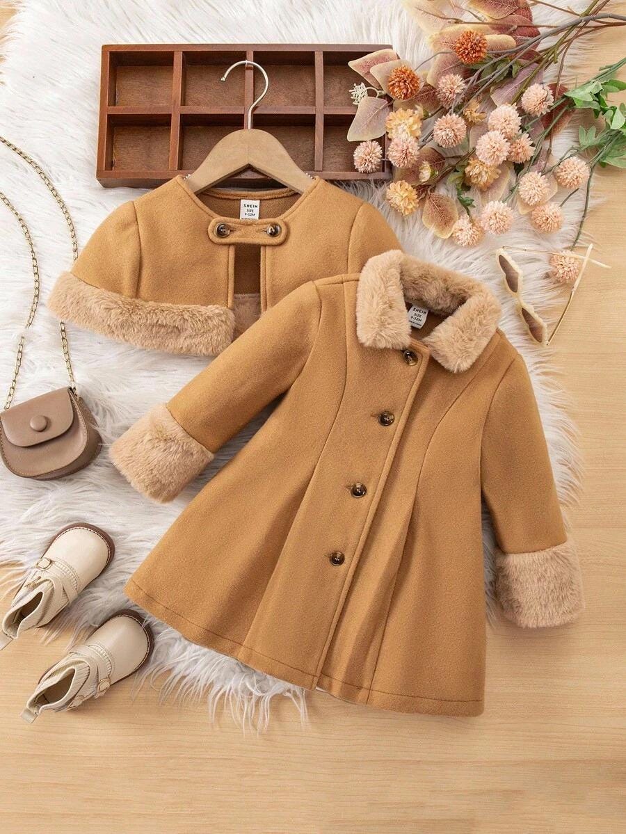 Baby Girl Khaki Long Cardigan & Shawl Set, Colorblock Faux Fur Button Front Wrap Outerwear