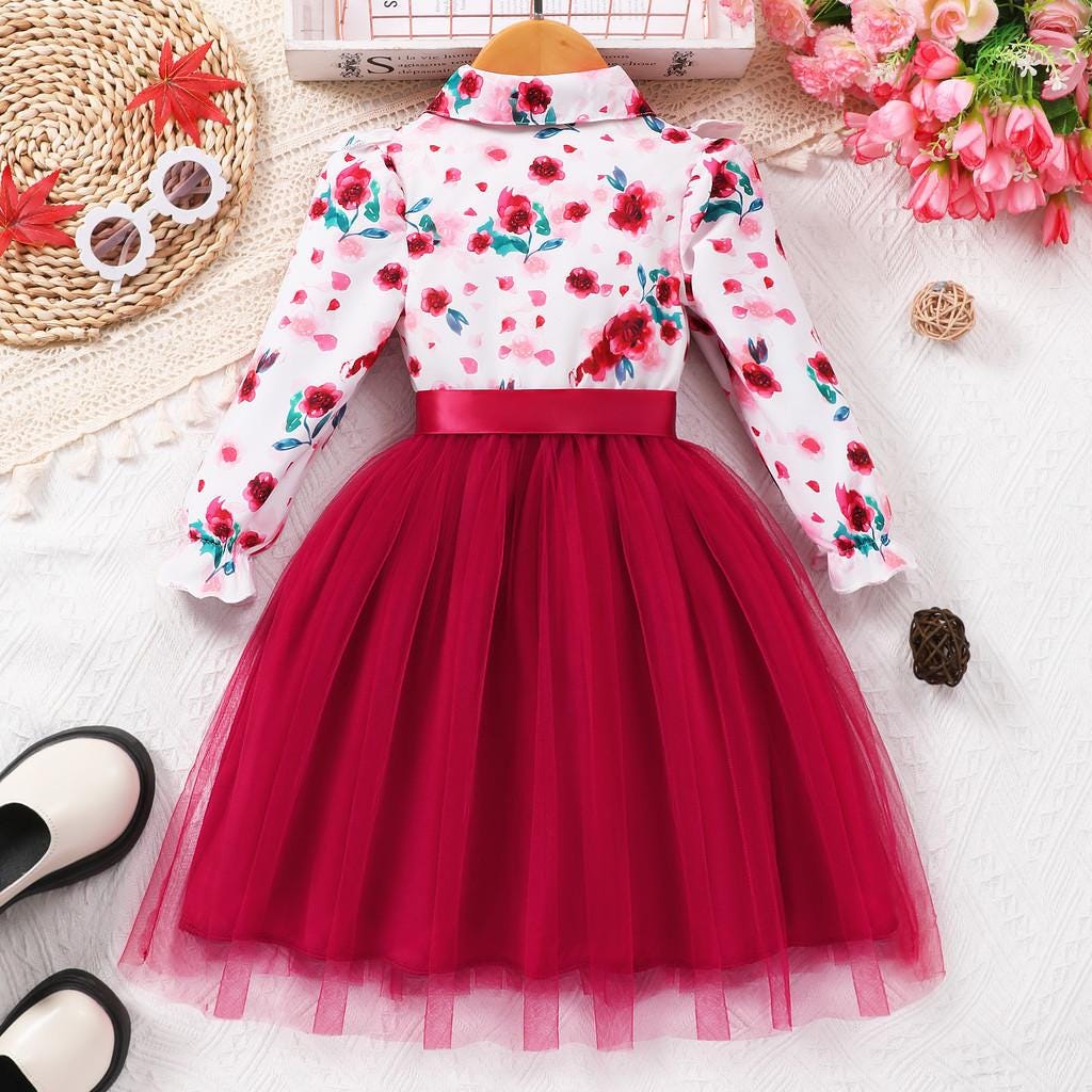 Girls Floral Mesh Ruffle Belted Dress – Long Sleeve Button Up Fall Winter Dress