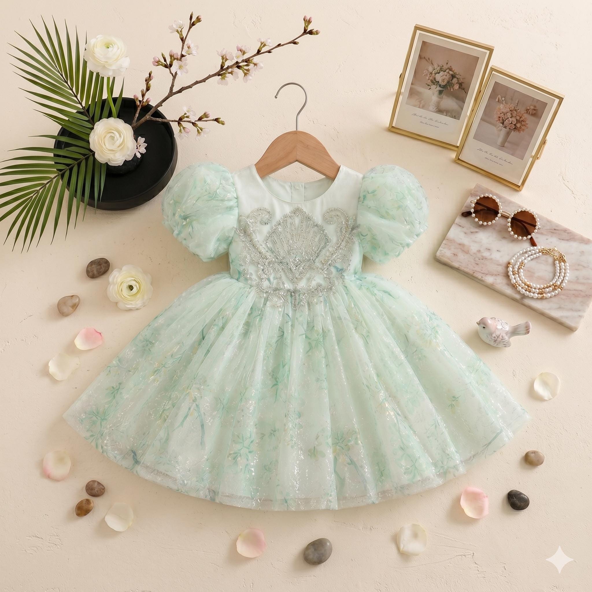Baby Girl Mint Green Puff Sleeve Princess Dress – Fluffy Gauze Dress