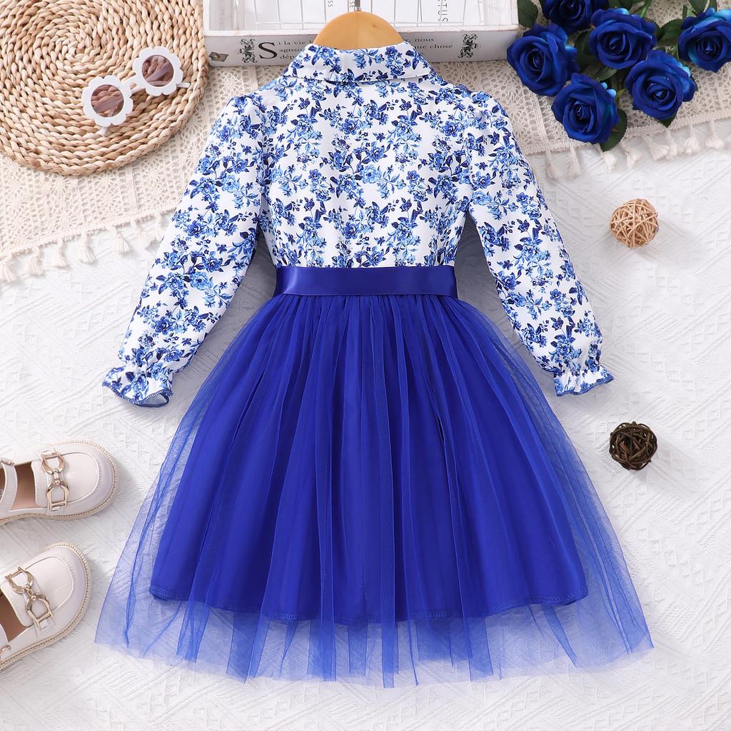 Girls Floral Mesh Ruffle Belted Dress – Long Sleeve Button Up Fall Winter Dress