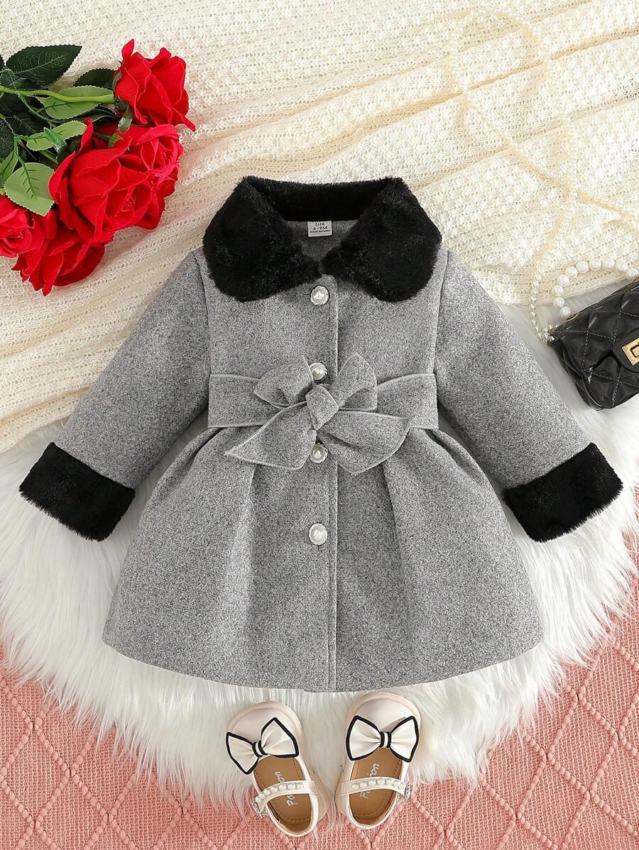 Baby Girl Plush Belted Coat | Patchwork Winter Jacket