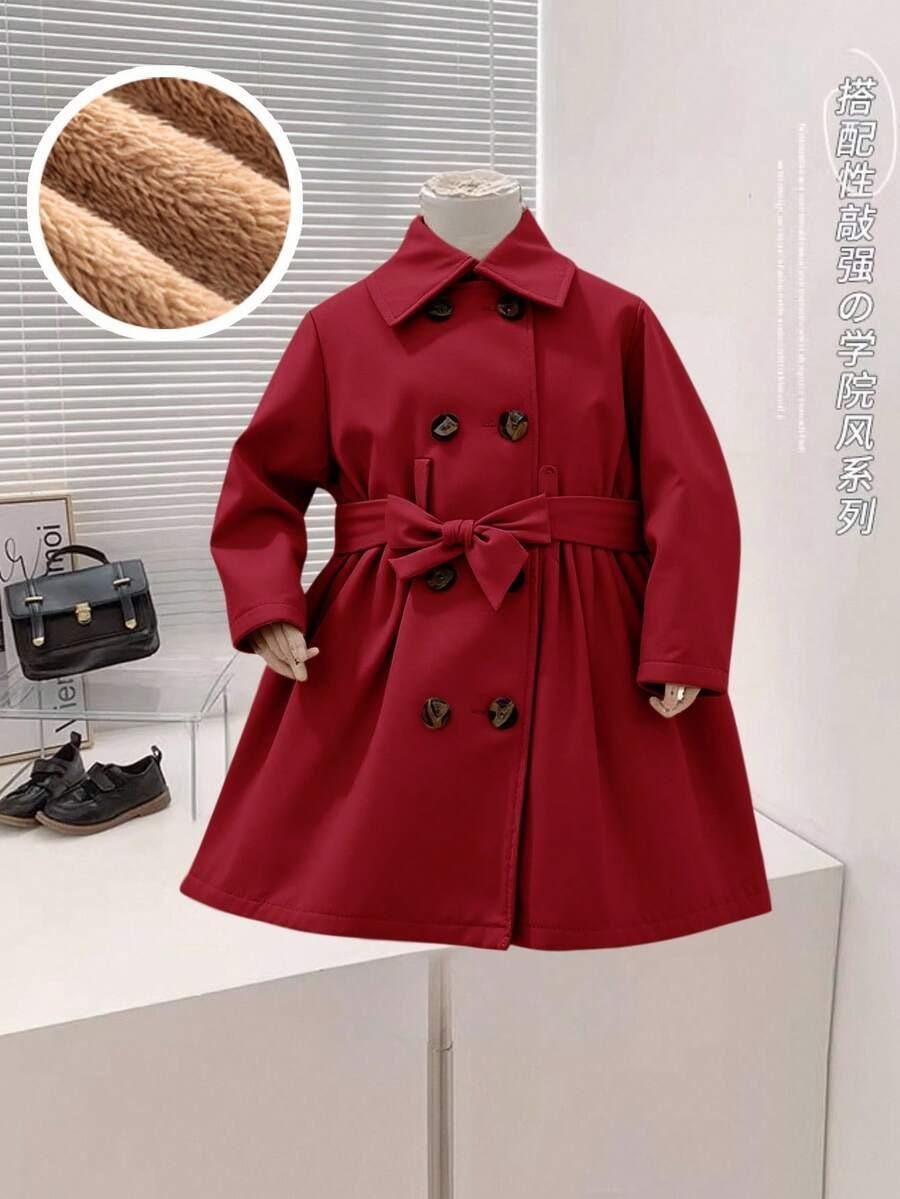 Baby Girl Long Coat | Thermal Lined Double-Breasted Lapel Coat