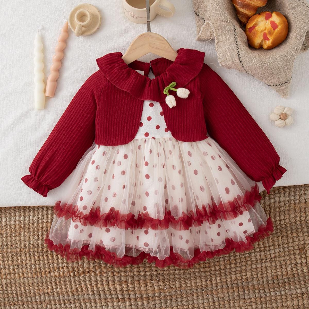 Baby Girl Christmas Party Dress – Polka Dot Ball Gown, Appliques, Knee-Length