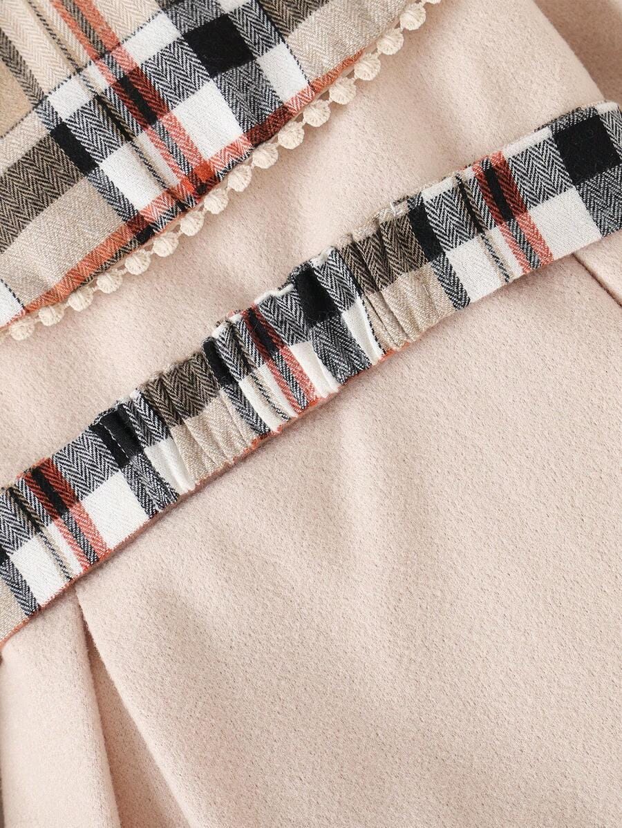 Girls Double-Breasted Plaid Ruffle Fuzzy Collar Dress with Belt - Autumn Winter Outerwear