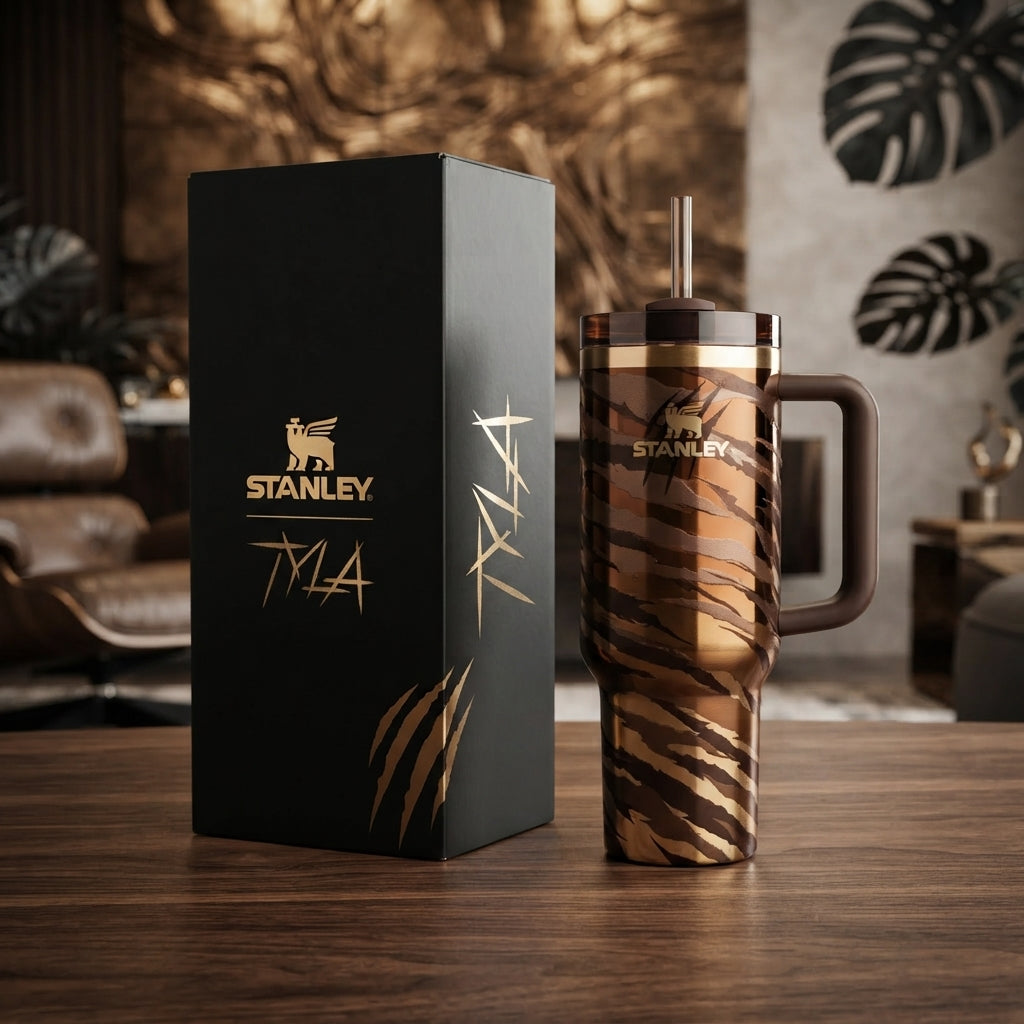 A Stanley tumbler with a metallic bronze tiger-stripe pattern and a dark brown handle, shown next to its black and gold branded box on a wooden table in a modern living room setting.