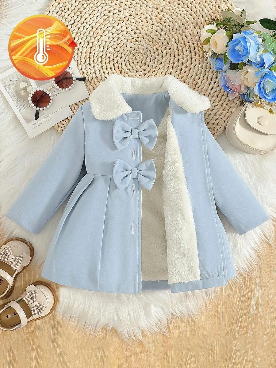 Baby Girls Furry Collar Trench Coat | Bowknot Belted Autumn Winter Coat