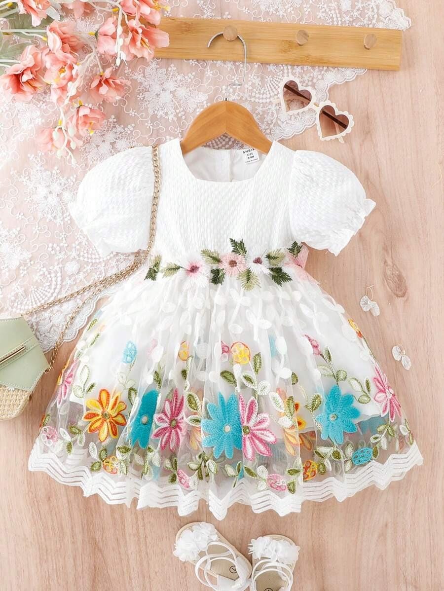 Baby Girl Floral Embroidery Mesh Dress | Puff Sleeve Toddler Party Dress