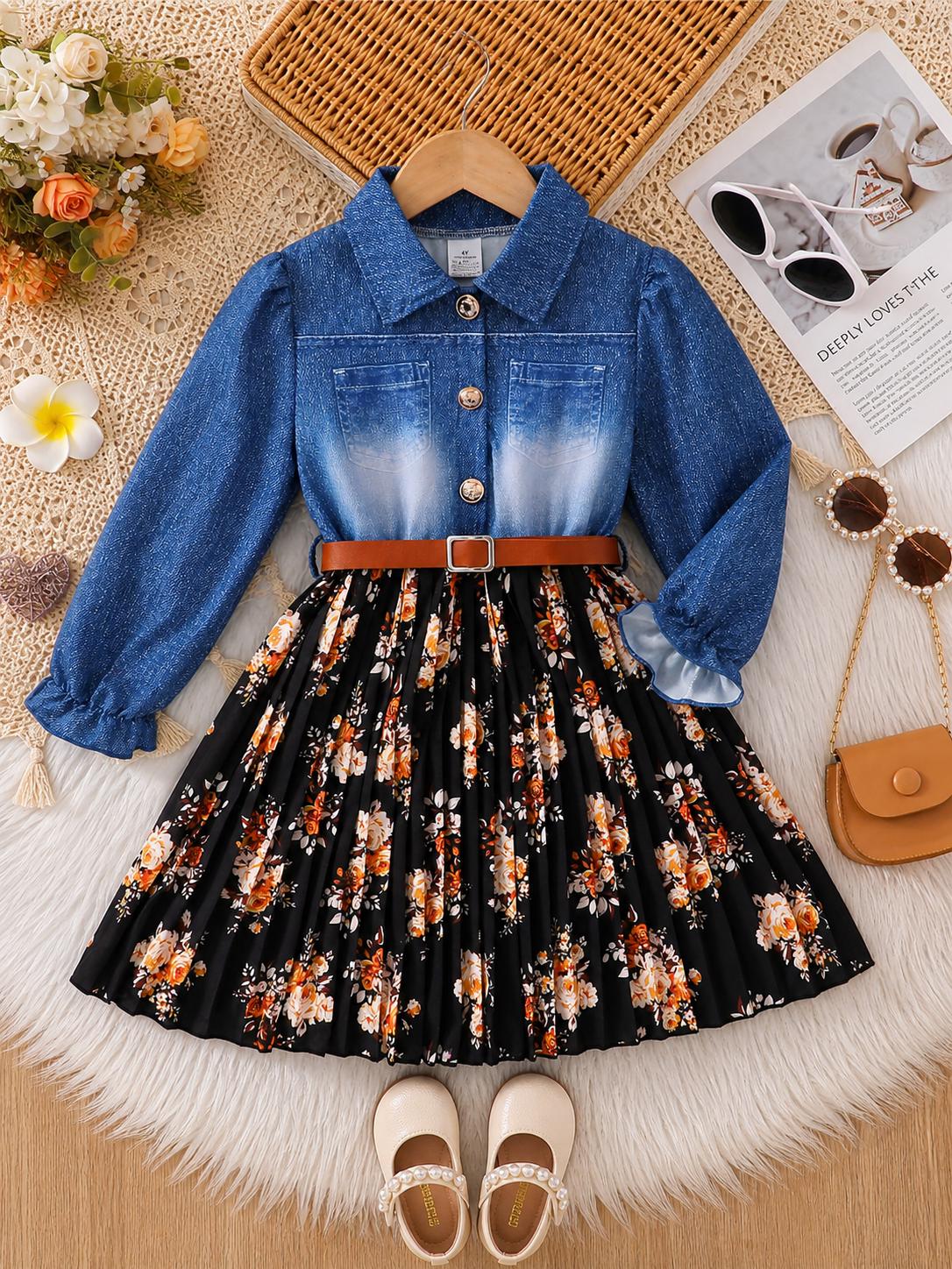 Girls Denim Style Patchwork Dress with Turn-Down Collar – A-Line Knee Length Autumn Dress