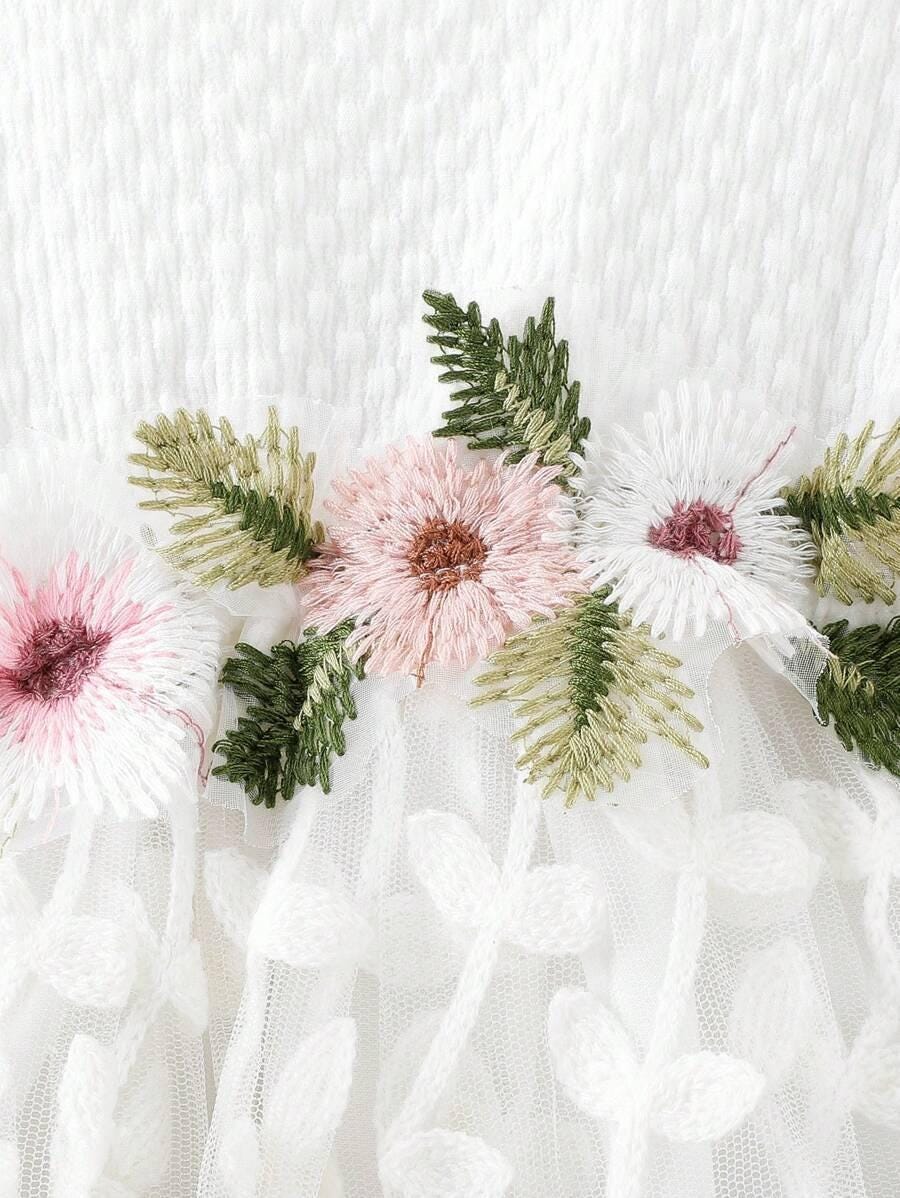 Baby Girl Floral Embroidery Mesh Dress | Puff Sleeve Toddler Party Dress