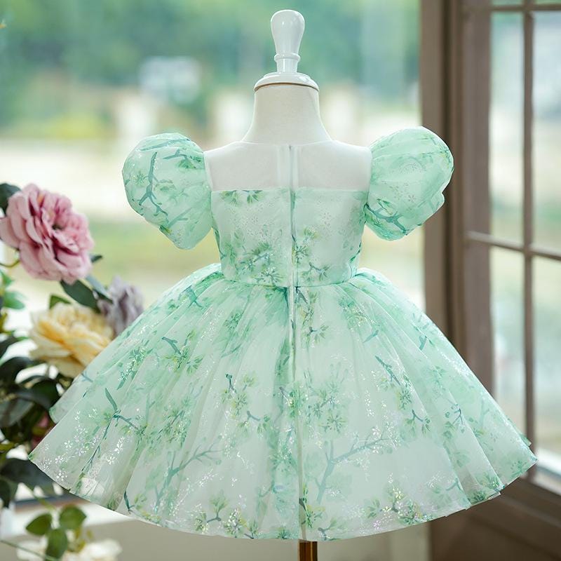 Baby Girl Mint Green Puff Sleeve Princess Dress – Fluffy Gauze Dress