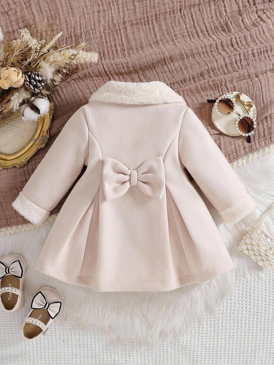 Baby Girl Winter Coat with Furry Collar | 3D Bow Floral Mesh A-Line Coat