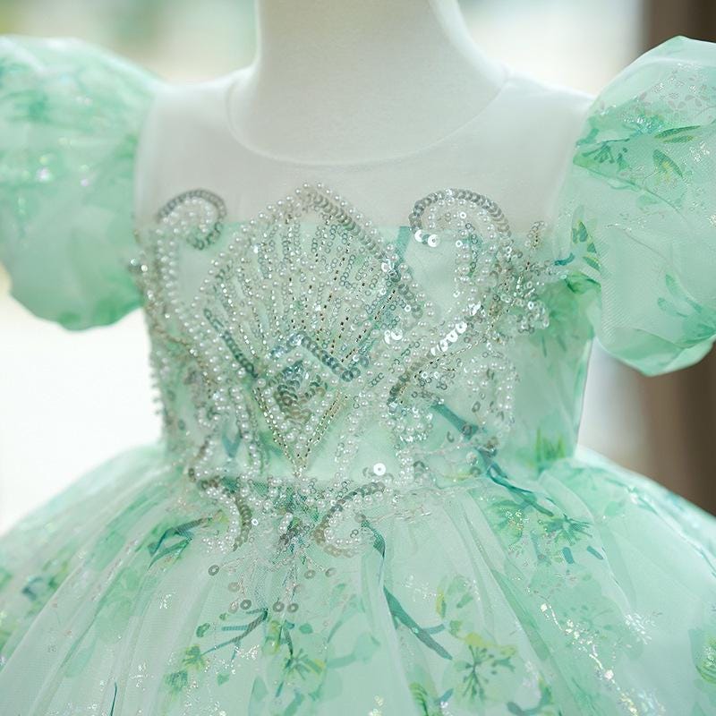Baby Girl Mint Green Puff Sleeve Princess Dress – Fluffy Gauze Dress