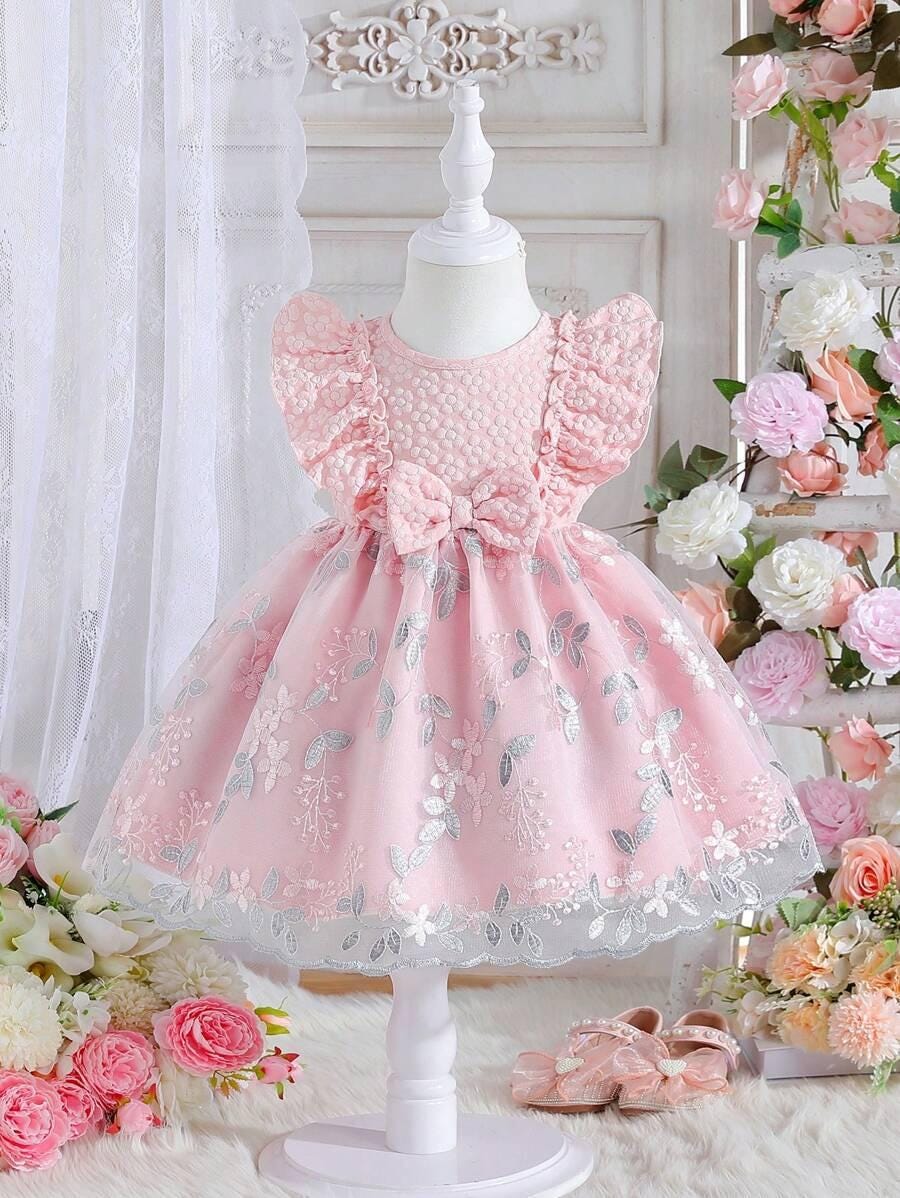 Baby Girl Ruffle Mesh Dress | Toddler Floral Embroidered A-Line Dress