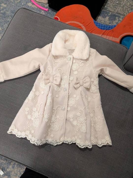 Baby Girl Winter Coat with Furry Collar | 3D Bow Floral Mesh A-Line Coat