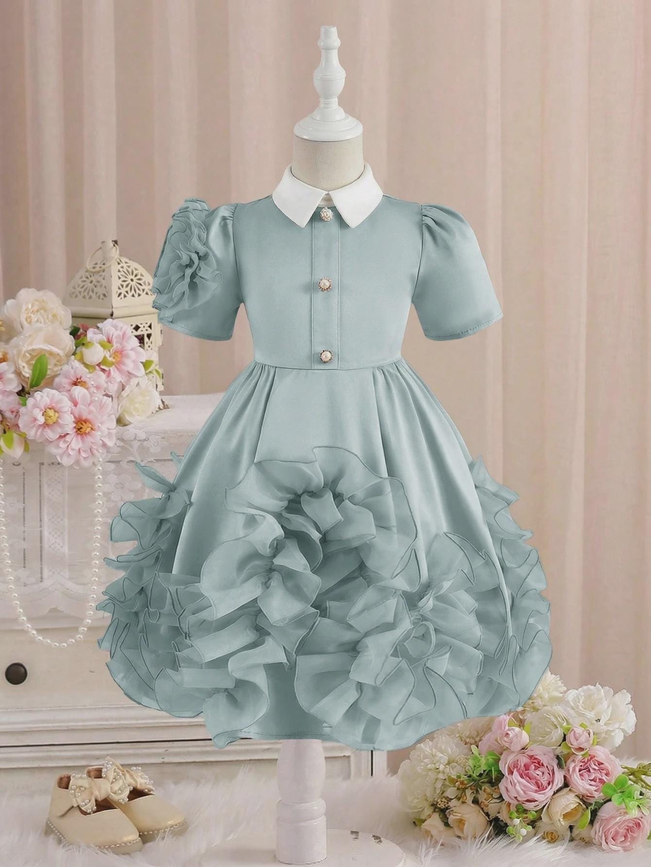 Girl's Cadet Blue Fit and Flare Dress with 3D Floral Trim Midi Length