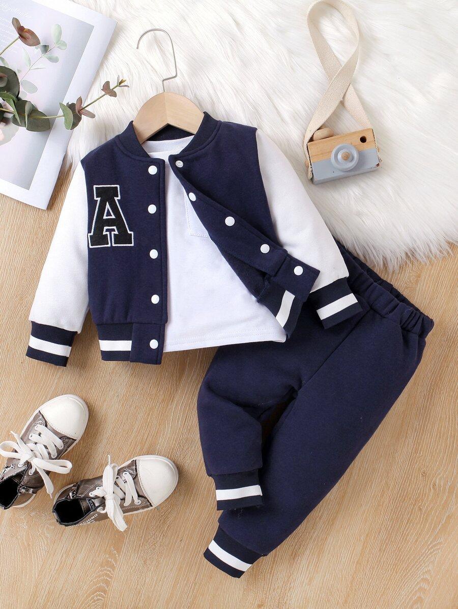 Baby Boy Letter Patch Thermal Bomber Jacket & Sweatpants Set, Casual Spring Fall Boys Tracksuit