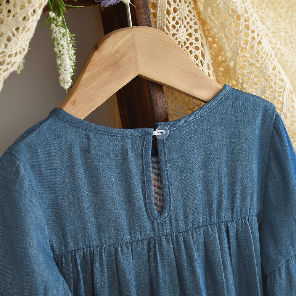 Girls Blue Floral Embroidery Dress – Long Sleeve Korean Style Knee Length Dress
