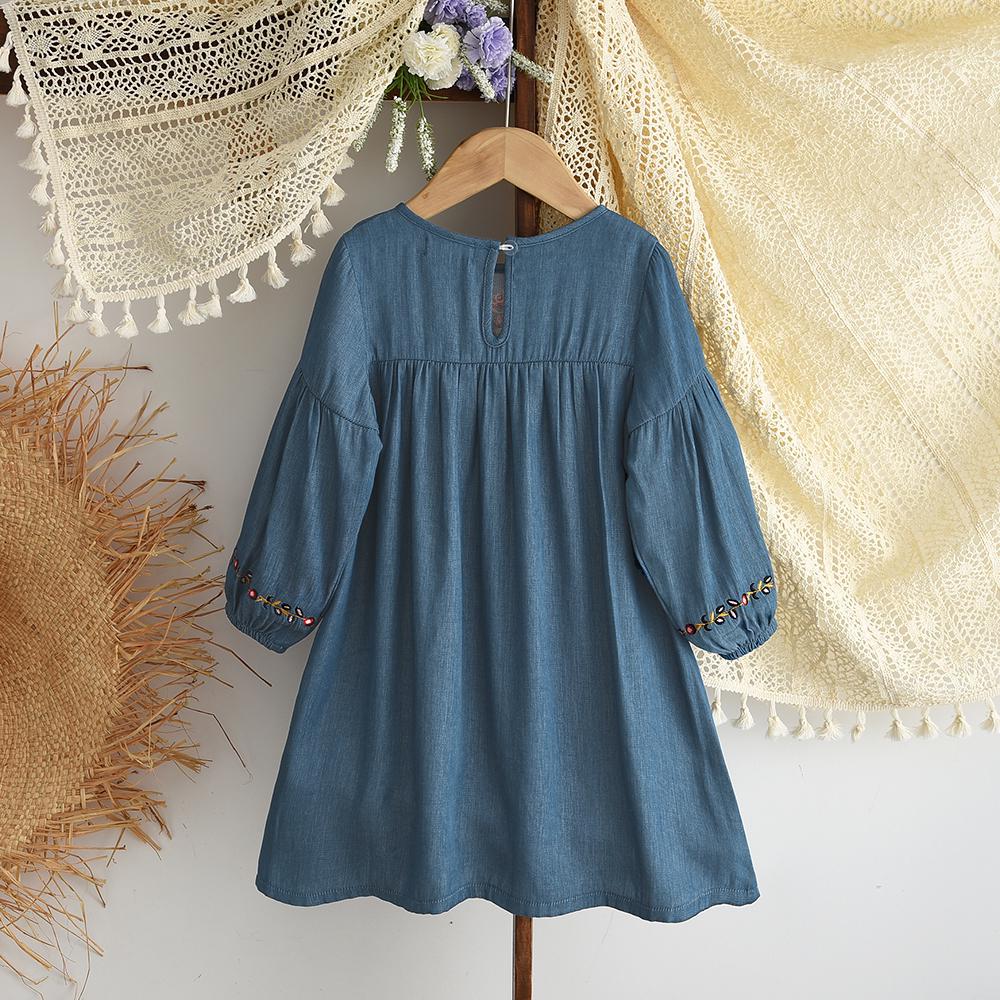 Girls Blue Floral Embroidery Dress – Long Sleeve Korean Style Knee Length Dress
